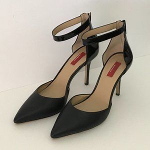 RED Saks Fifth Avenue Black Pump Strap Leather Shoes Pointed Toe Back Zip